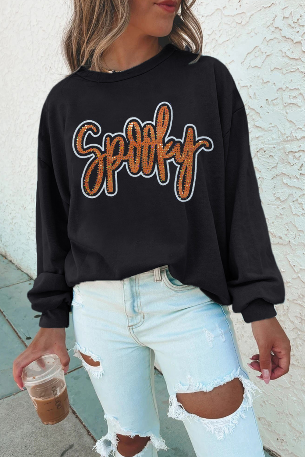 Black Spooky Rhinestone Drop Shoulder Graphic Sweatshirt - loveforevers