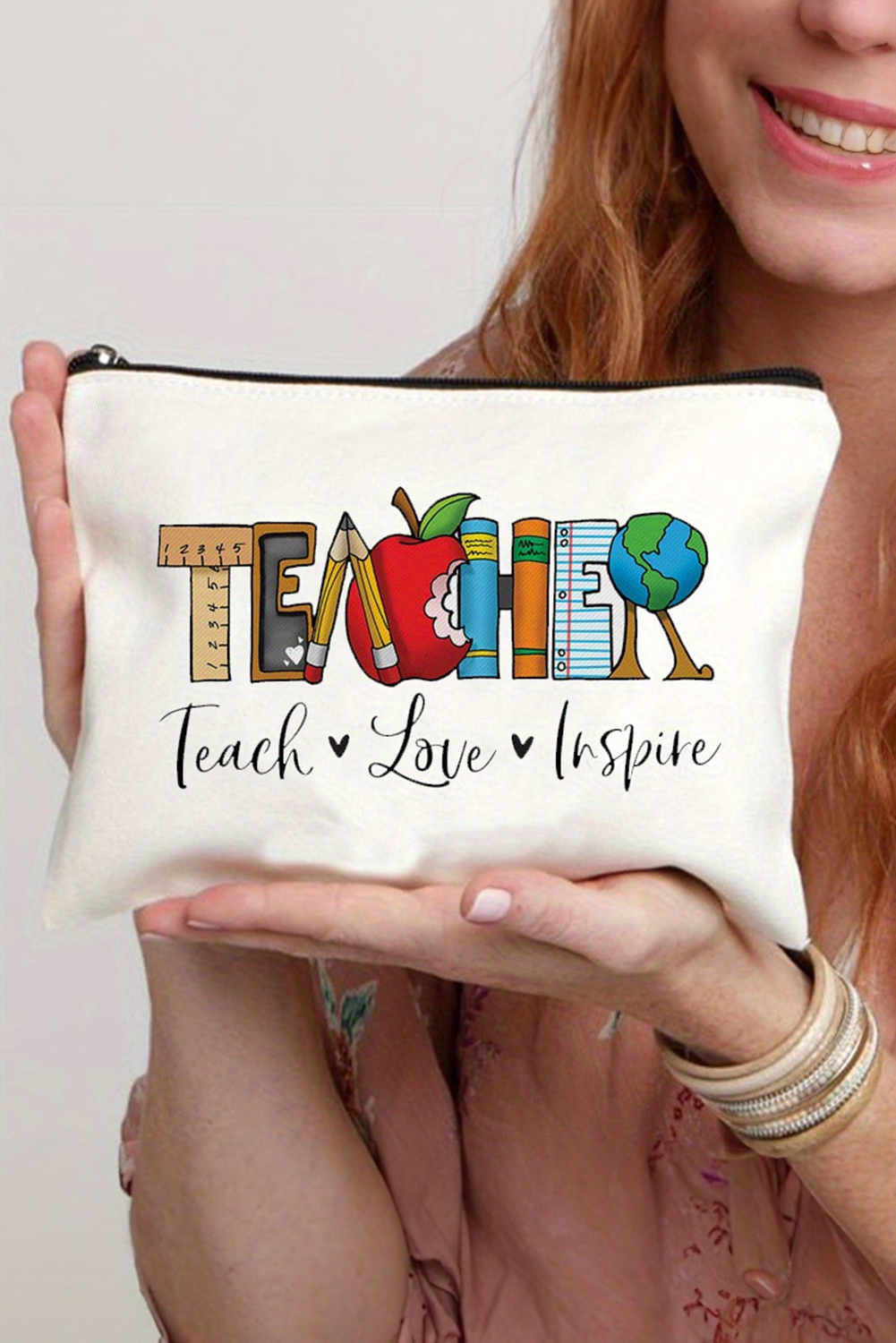 White TEACHER Graphic Print Zipper Cosmetic Bag - loveforevers