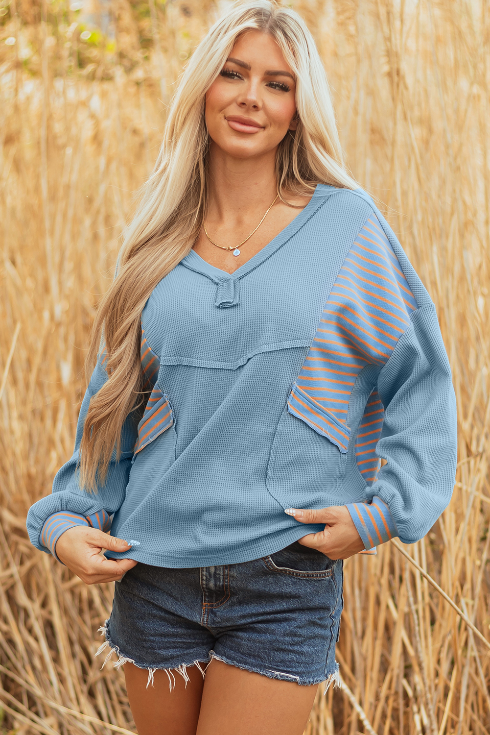 Dusk Blue Exposed Seam Waffle Striped Patchwork Baggy Pullover - loveforevers