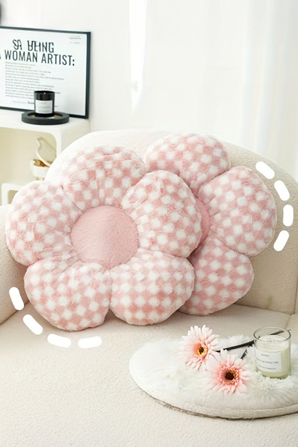Pink Checkered Flower Shape Soft Sofa Cushion - loveforevers