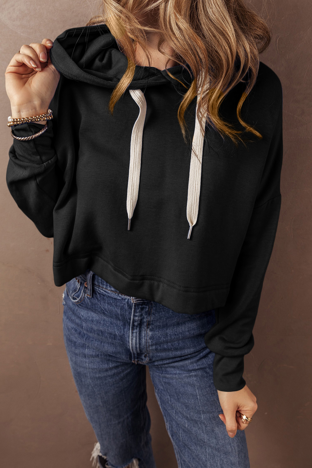 Black Solid Drop Shoulder Drawstring Cropped Hoodie - loveforevers