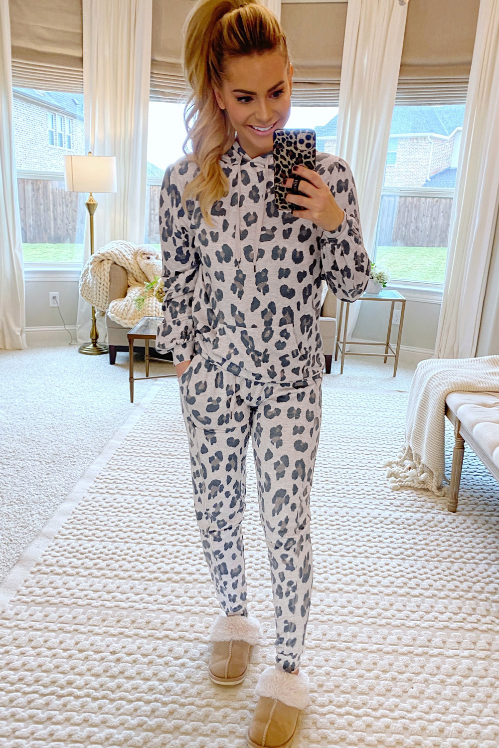 Khaki Leopard Print Drawstring Hoodie and Skinny Pants Lounge Set - loveforevers