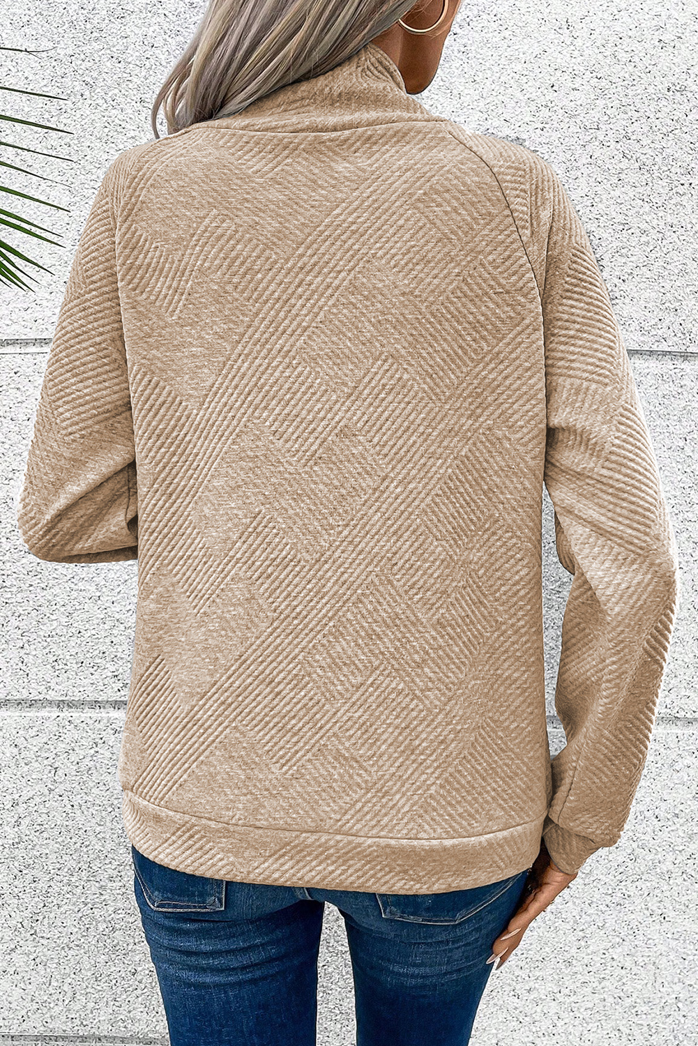 Apricot  Asymmetric Buttons Detail High Neck Textured Sweatshirt - loveforevers
