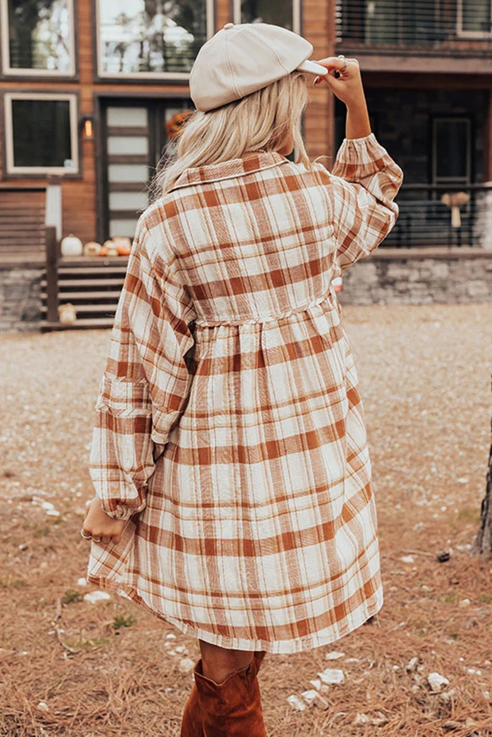 Brown Plaid Print Side Pockets Frilled Babydoll Mini Dress - loveforevers