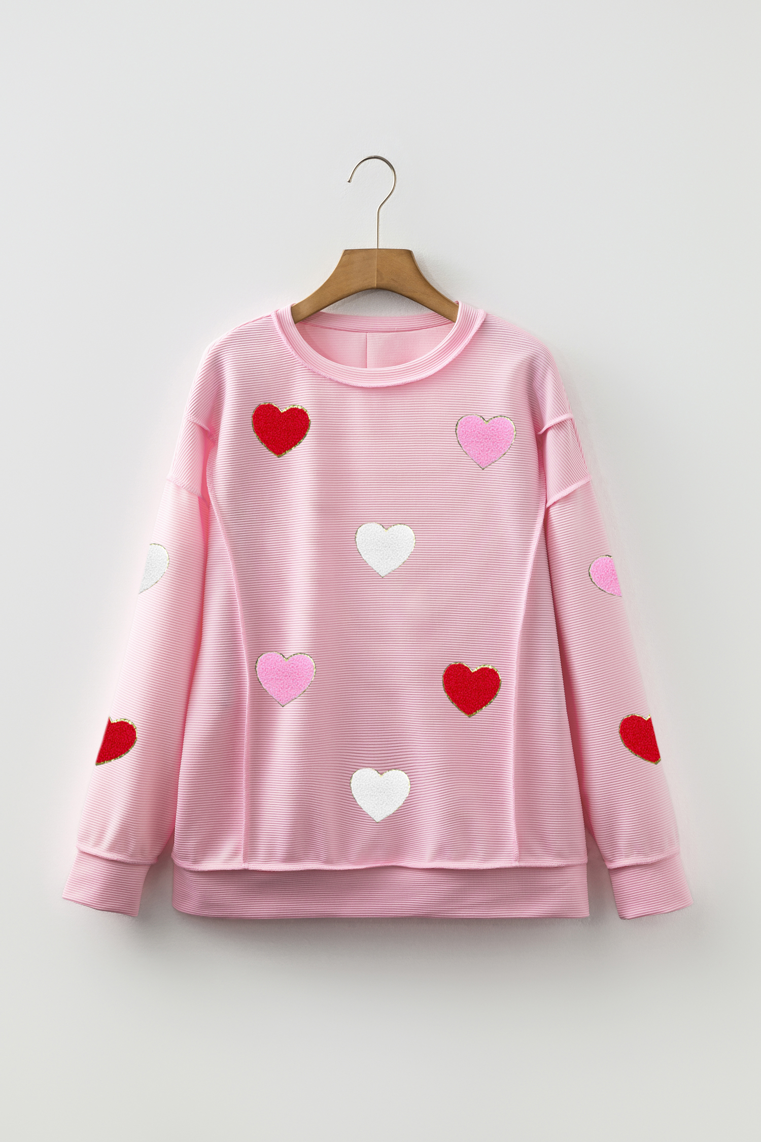 Pink Ribbed Texture Chenille Heart Glitter Trim Patched Long Sleeve Top - loveforevers