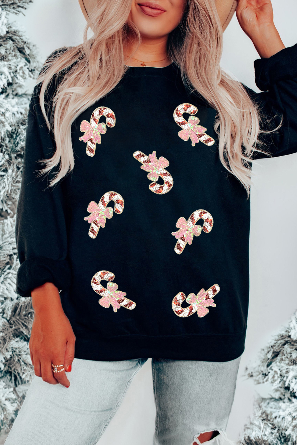 Black Christmas Candy Cane Sequin Patch Baggy Sweatshirt - loveforevers