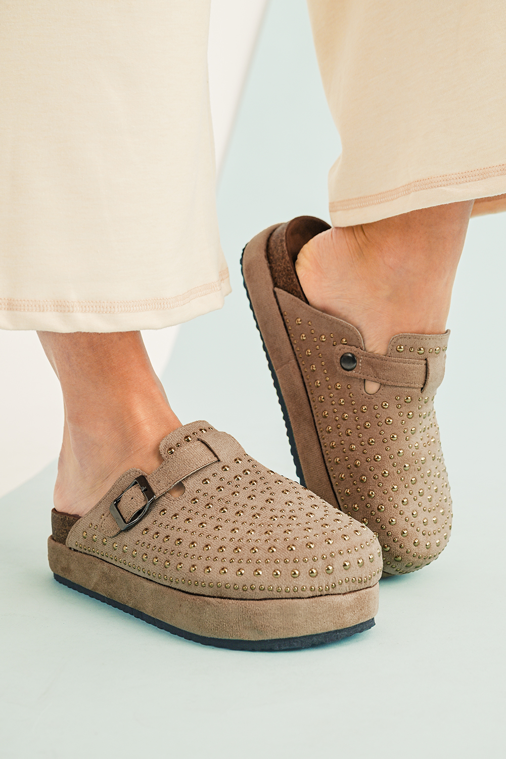 Parchment Rivet Buckle Closed Toe Platform Slippers - loveforevers