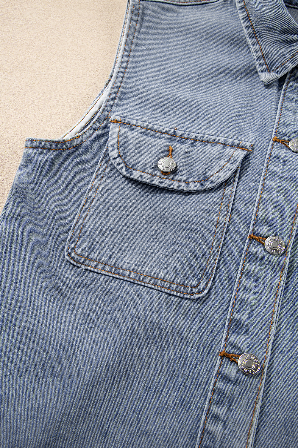 Beau Blue Denim Flap Pocket Curved Hem Shirt Vest - loveforevers