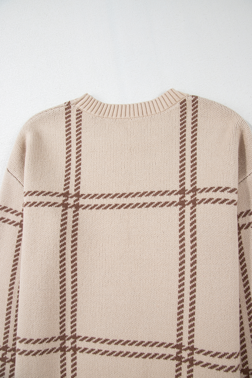 Khaki Plaid Pattern Knitted Drop Shoulder Sweater - loveforevers