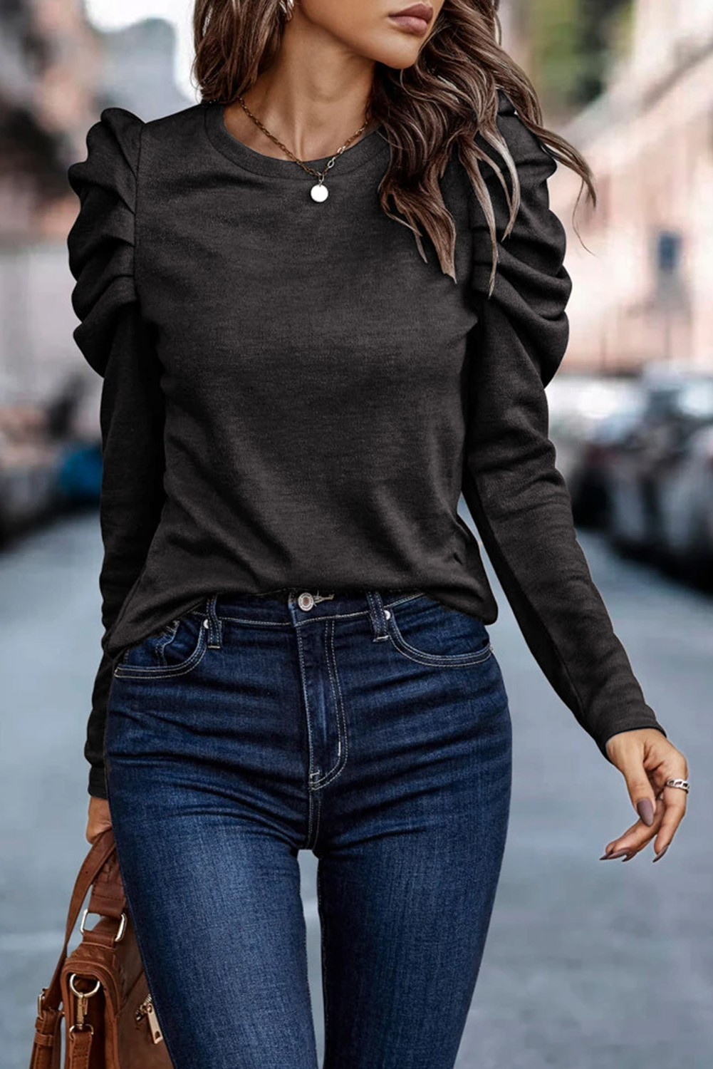Green Buttoned Puff Long Sleeve Sheath Top - loveforevers