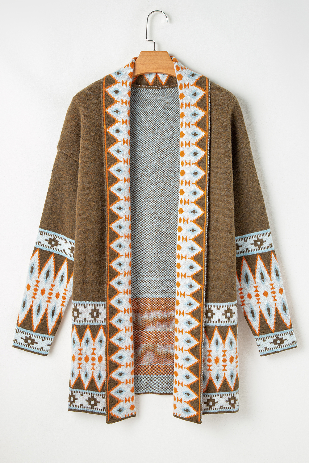 Brown Aztec Print Open Front Knitted Cardigan - loveforevers
