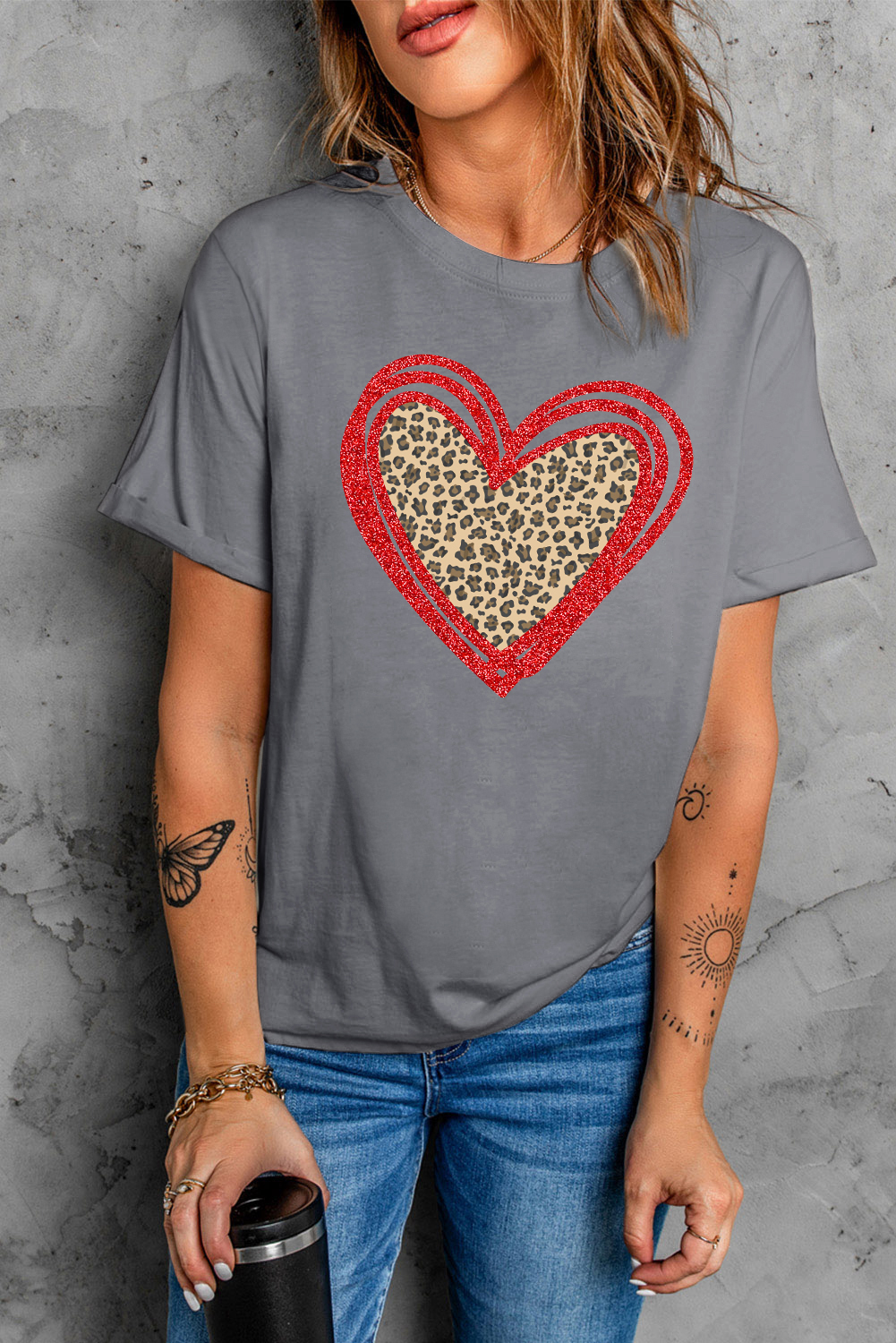 Gray Sequin Leopard Heart Graphic T-shirt - loveforevers