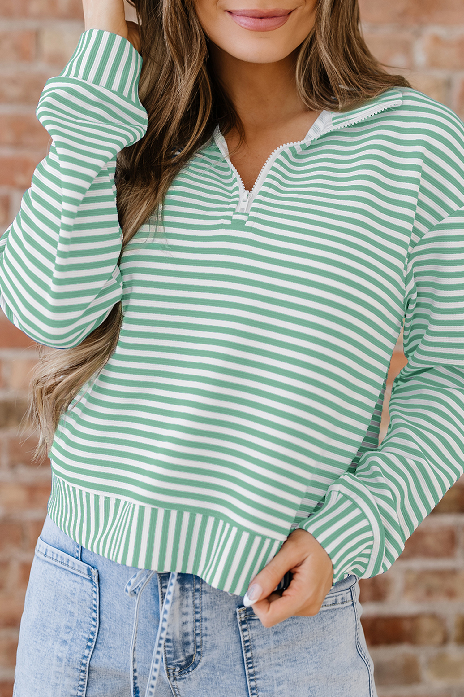 Green Stripe Quarter Zip Collar Pullover Long Sleeve Top - loveforevers