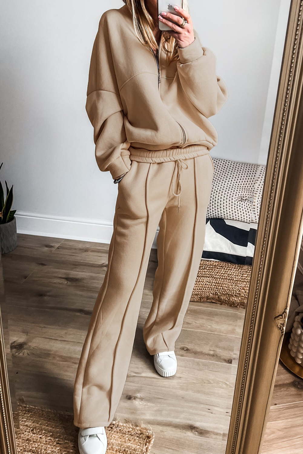 Apricot Solid Seamed Zipper Jacket and Drawstring Waist Pants Set - loveforevers