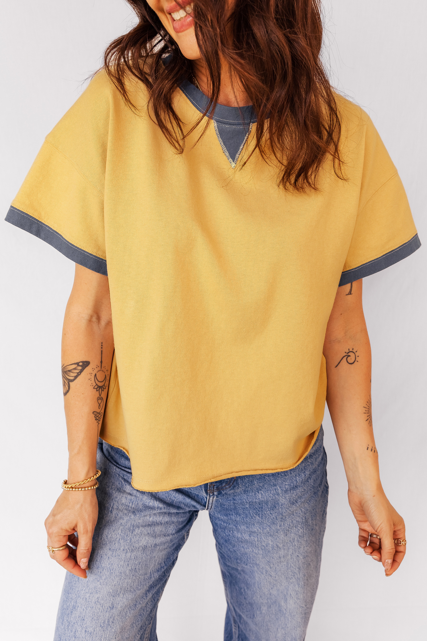 Banana Cream Contrast Trim Raw Hemline Short Sleeve Loose Top - loveforevers