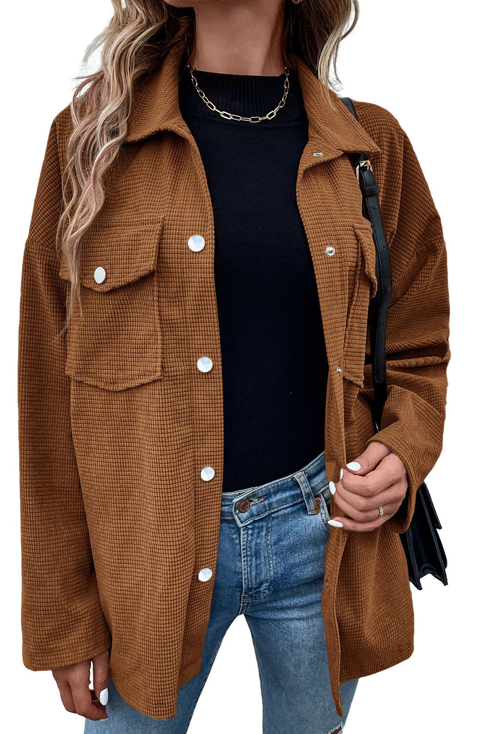Brown Textured Flap Pocket Drop Shoulder Shacket - loveforevers