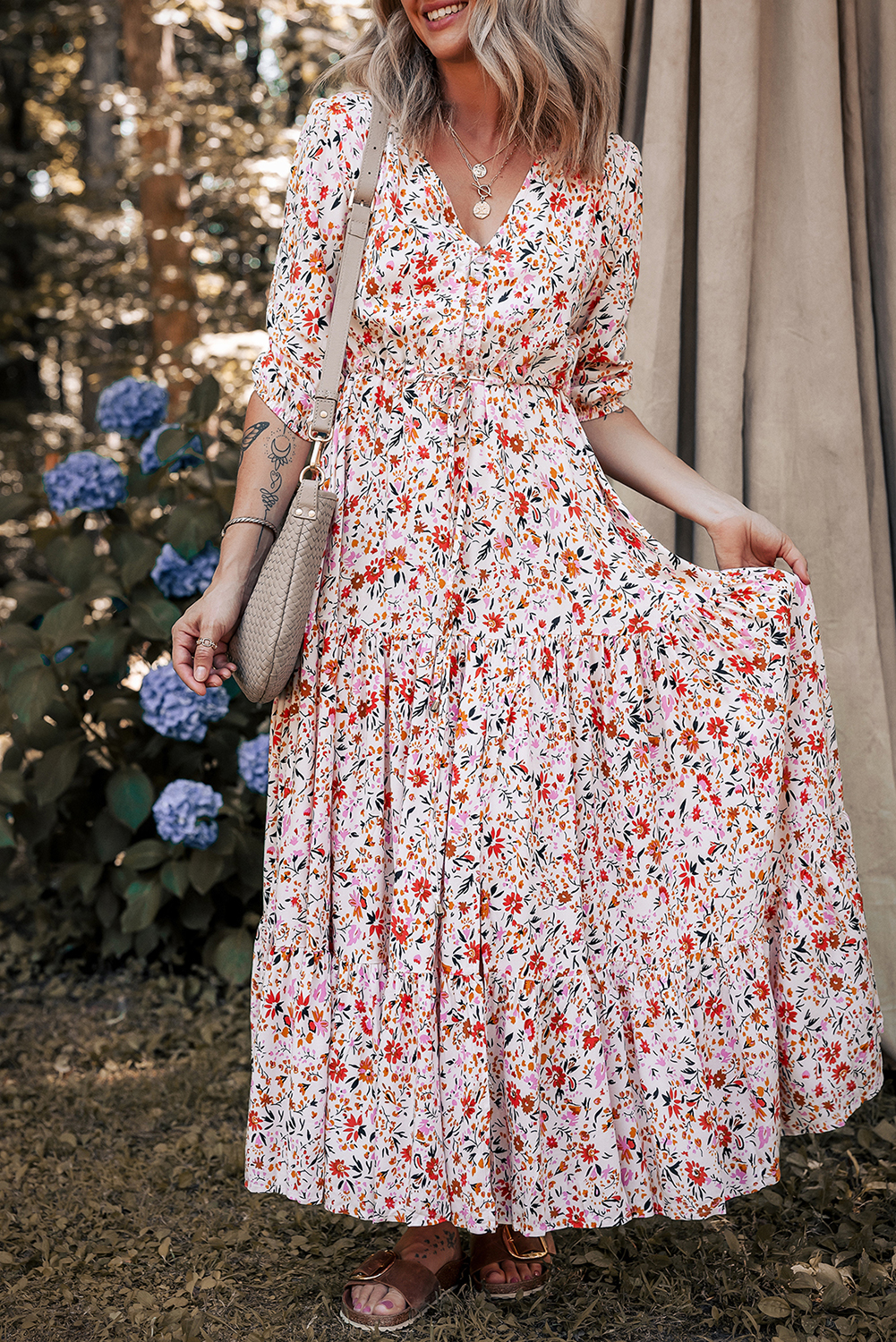 Red Boho Half Sleeve Floral V Neck Maxi Dress - loveforevers