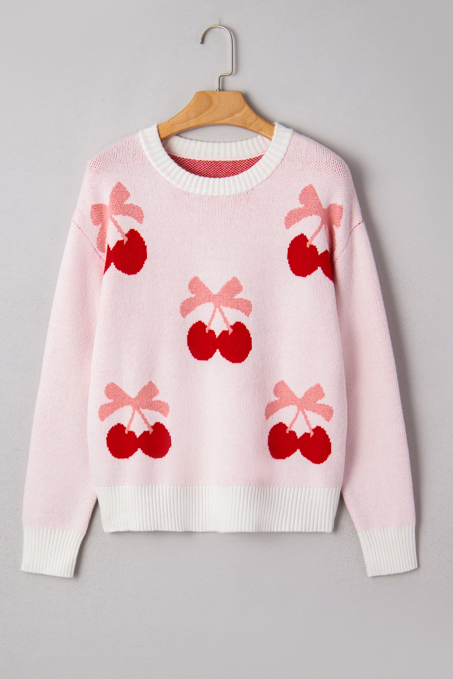 White Cherry Pattern Drop Shoulder Sweater - loveforevers