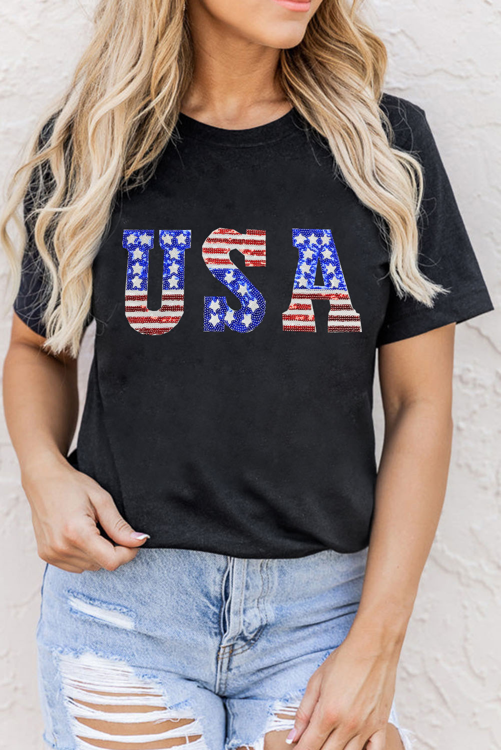 Black USA Stars and Stripes Crew Neck Graphic Tee - loveforevers