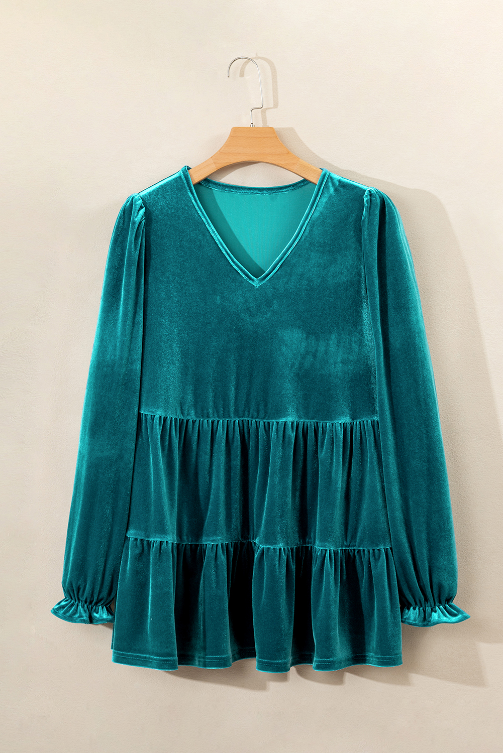 Sea Green Velvet V Neck Peplum Hem Puff Sleeve Blouse - loveforevers