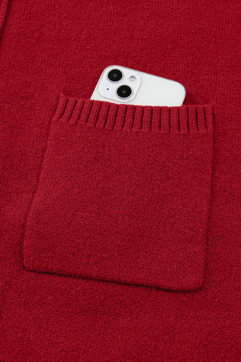 Fiery Red Ribbed High Neck Front Pockets Center Seam Shift Sweater Dress - loveforevers