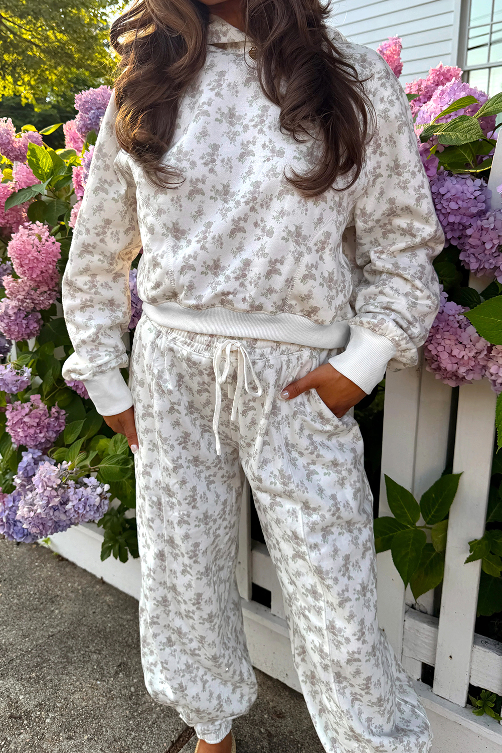 White Floral Print Casual Hoodie Drawstring Jogger Pant Set - loveforevers