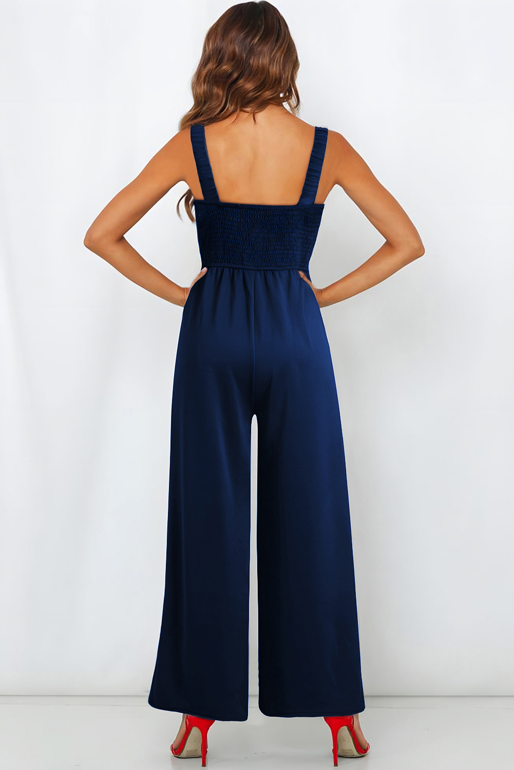 Blue Notched Neck Smocked Back Wide Leg Sleeveless Jumpsuit - loveforevers