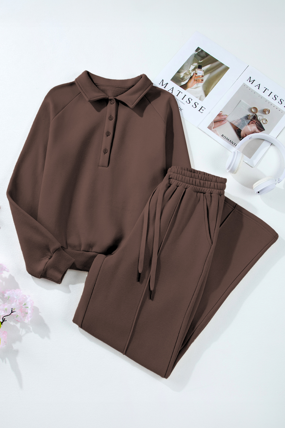 Dark Brown Solid Collared Sweatshirt and High Waist Pants Active Set - loveforevers