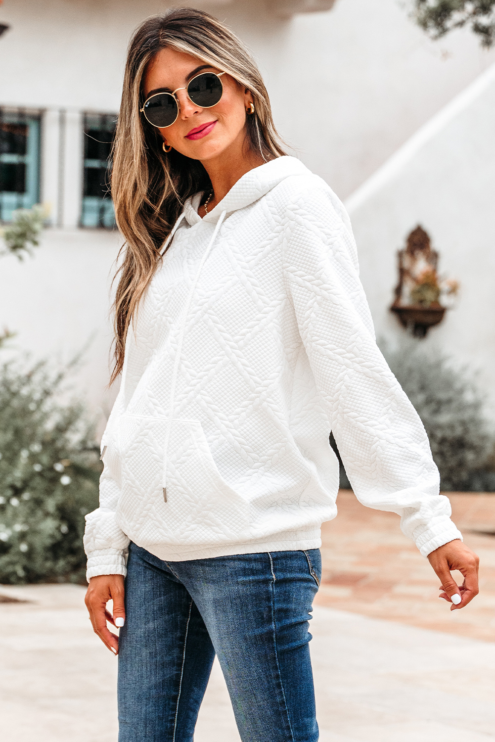 White Cable Lattice Texture Kangaroo Pocket Hoodie - loveforevers