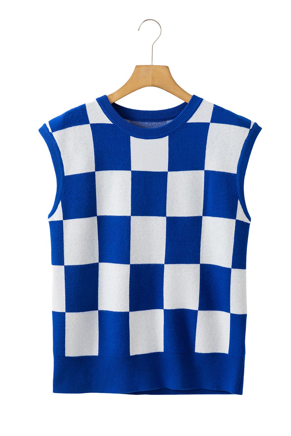 Dark Blue Cherckerboard Round Neck Sweater Vest - loveforevers