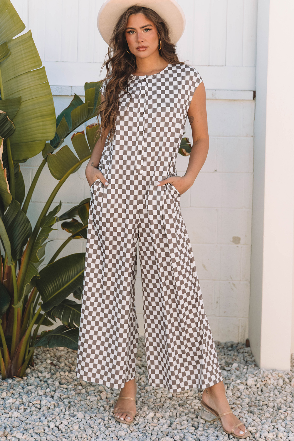Khaki Checkered Print Buttoned Crew Neck Wide Leg Jumpsuit - loveforevers