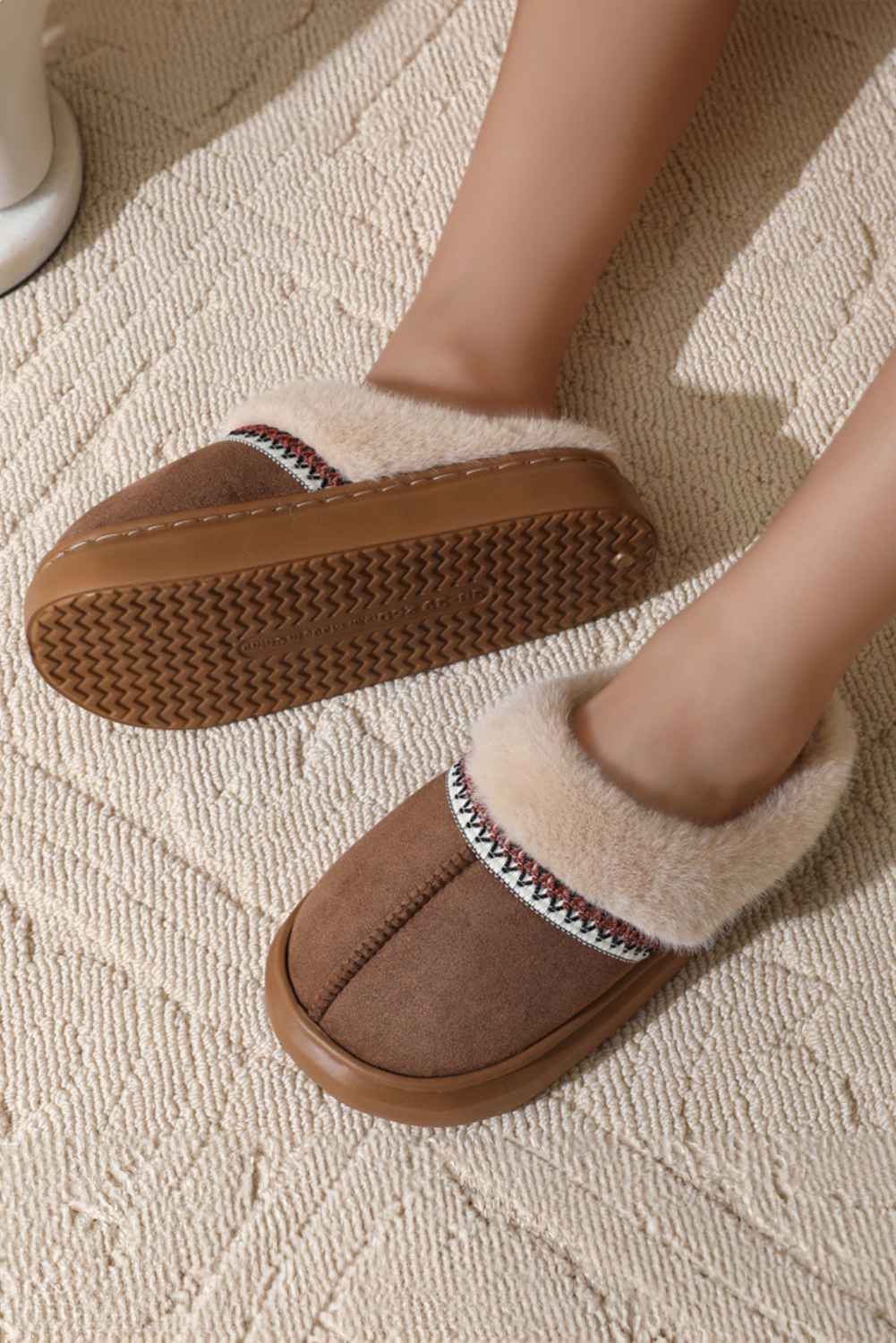 Coffee Western Woven Detail Faux Suede Furry Home Slippers - loveforevers