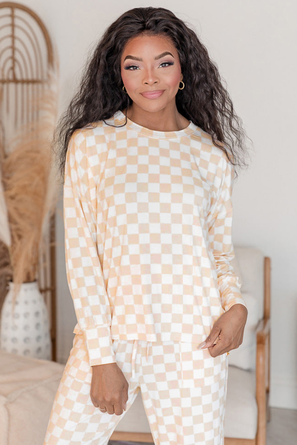 Beige Checkered Print Long Sleeve Top and Pants Lounge Set - loveforevers