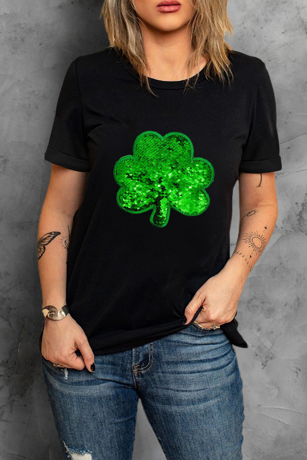 Black St. Patricks Lucky Clover Print O Neck T Shirt - loveforevers