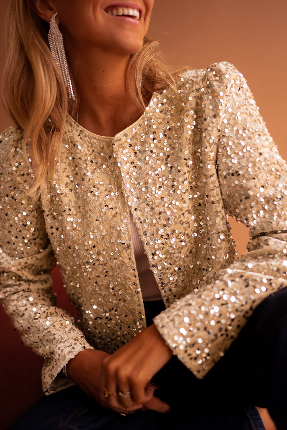 Golden Fleece Sequined Open Front Cropped Jacket - loveforevers
