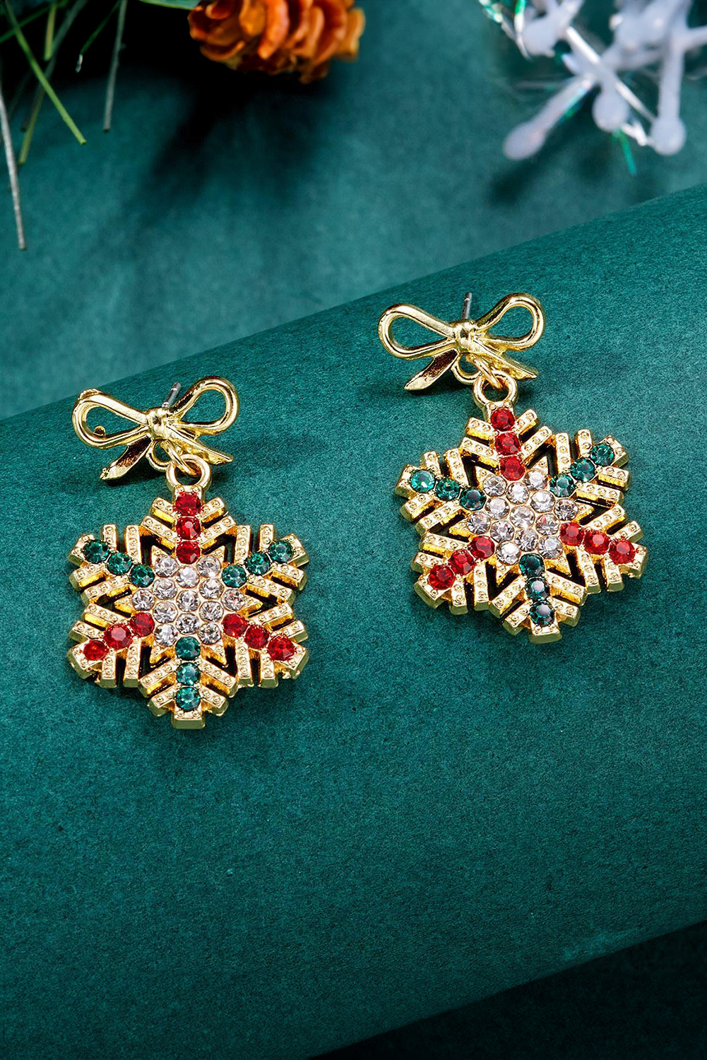 Gold Plated Bow Stud Rhinestone Embellished Snowflake Earrings - loveforevers