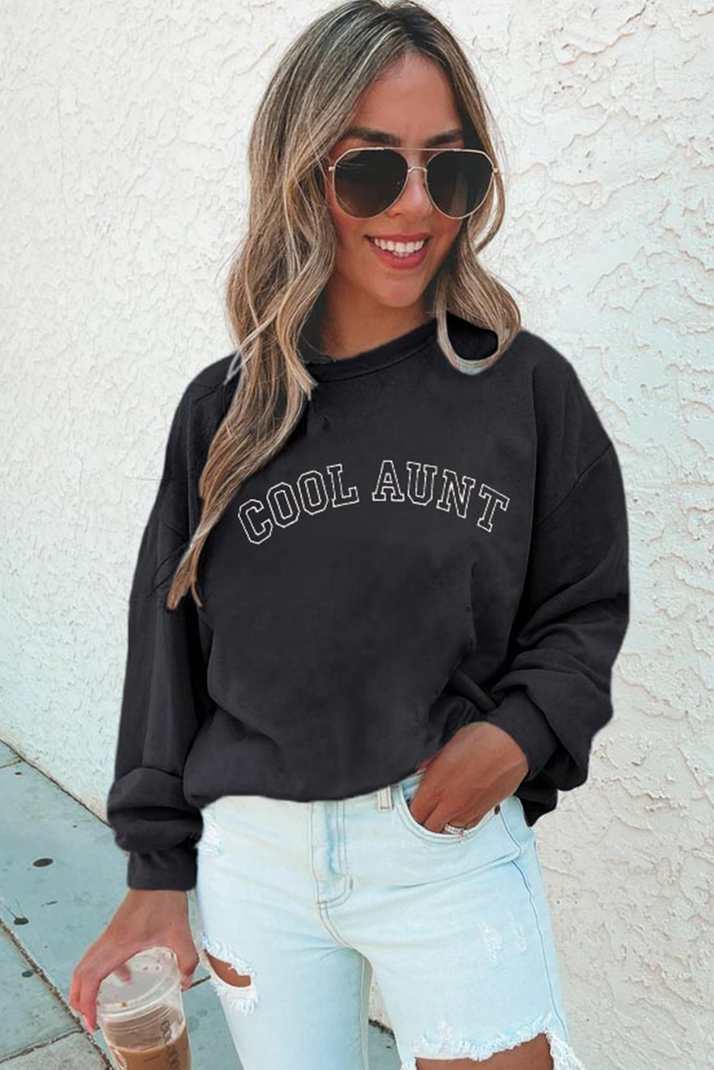 Black COOL AUNT Embroidered Letter Graphic Sweatshirt - loveforevers