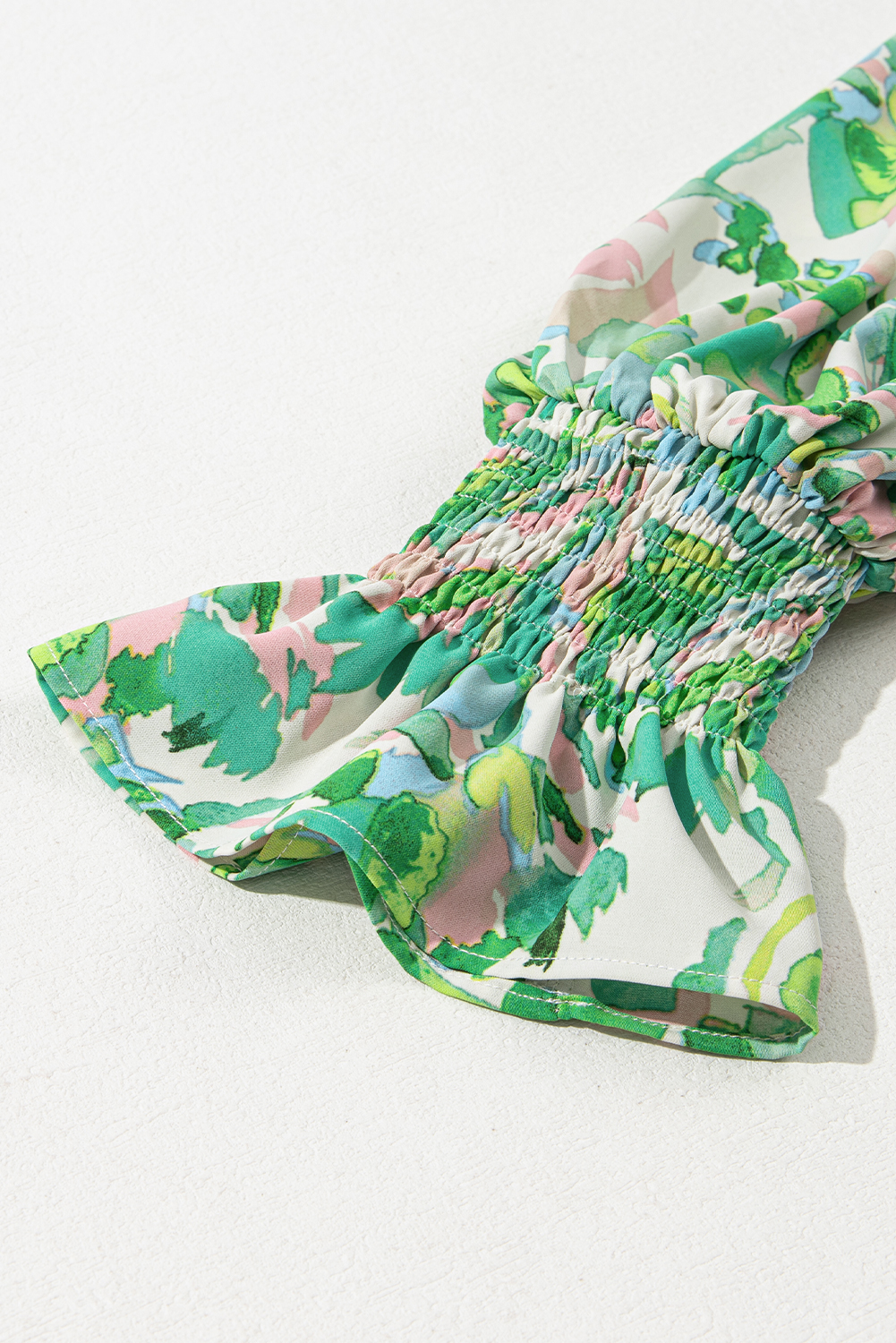 Green Leafy Printed Flounce Sleeve Shirred Mock Neck Blouse - loveforevers
