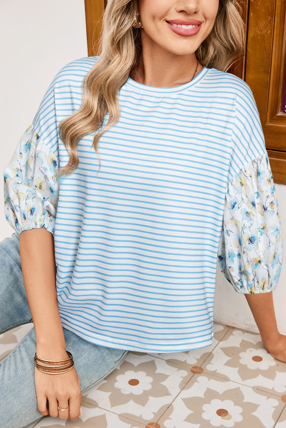 Sky Blue Stripe Floral Three Quarter Sleeves Patchwork Drop Shoulder Top - loveforevers