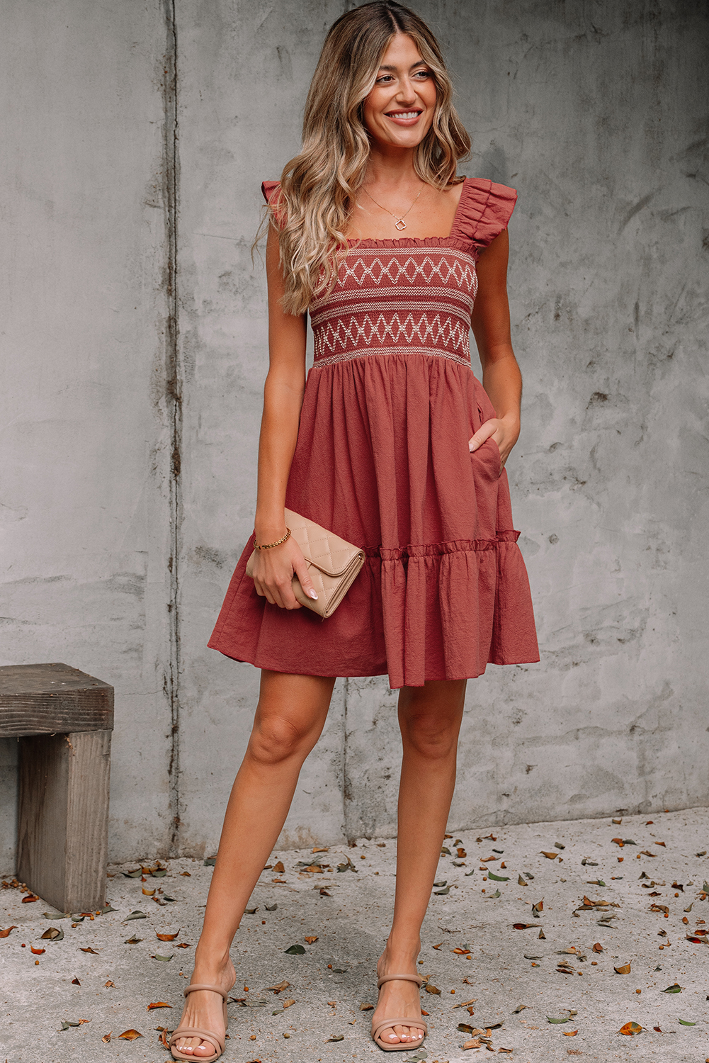 Red Sandalwood Geometric Stitch Shirred Bodice Ruffled Trim Sleeveless Mini Dress - loveforevers