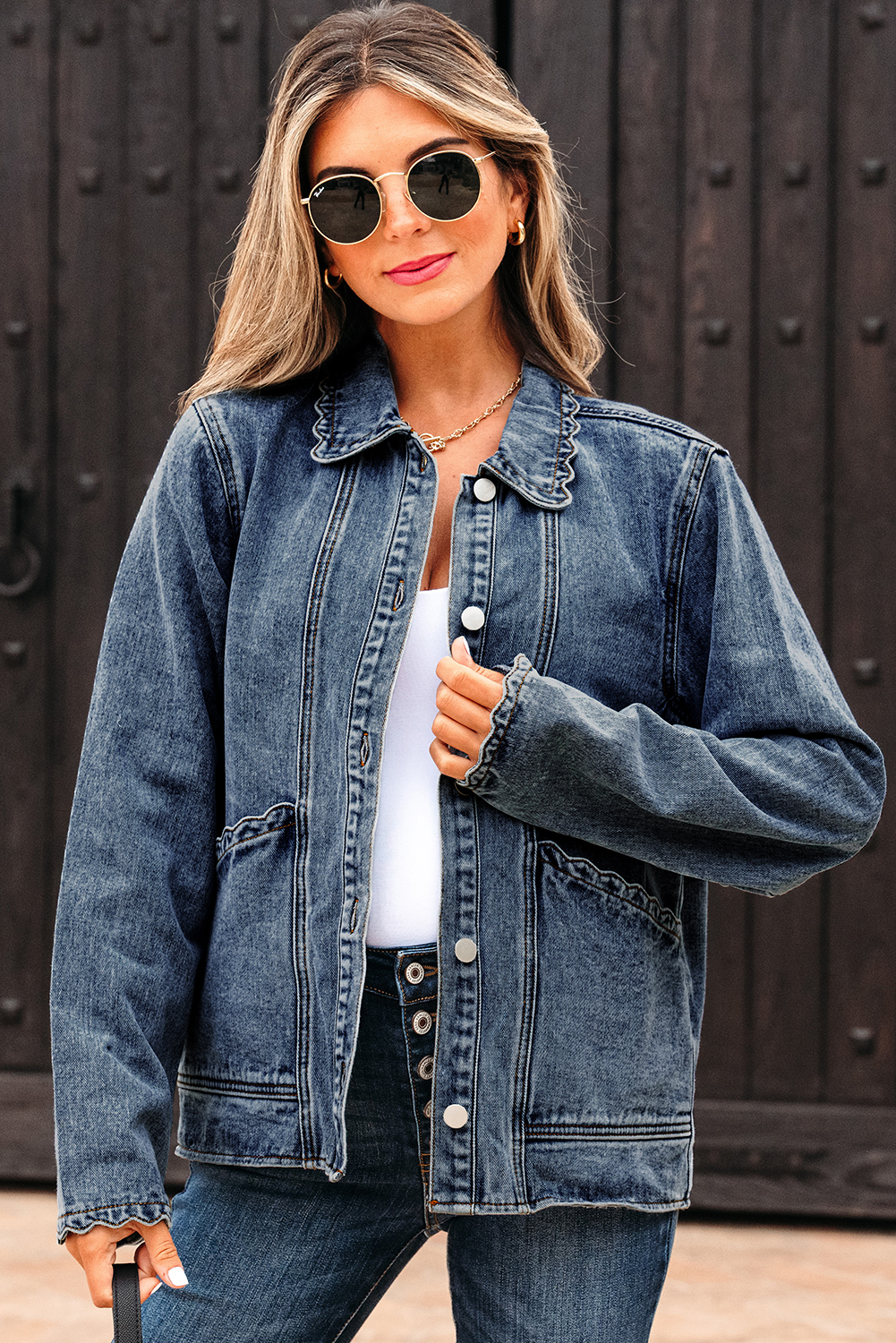 Myosotis Scallop Trim Collar Patched Pocket Button Up Mineral Washed Denim Jacket - loveforevers