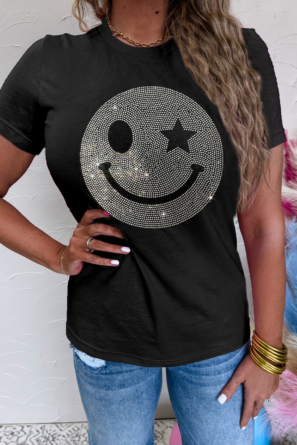 Black Sparkle Rhinestone Smile Face Graphic T Shirt - loveforevers