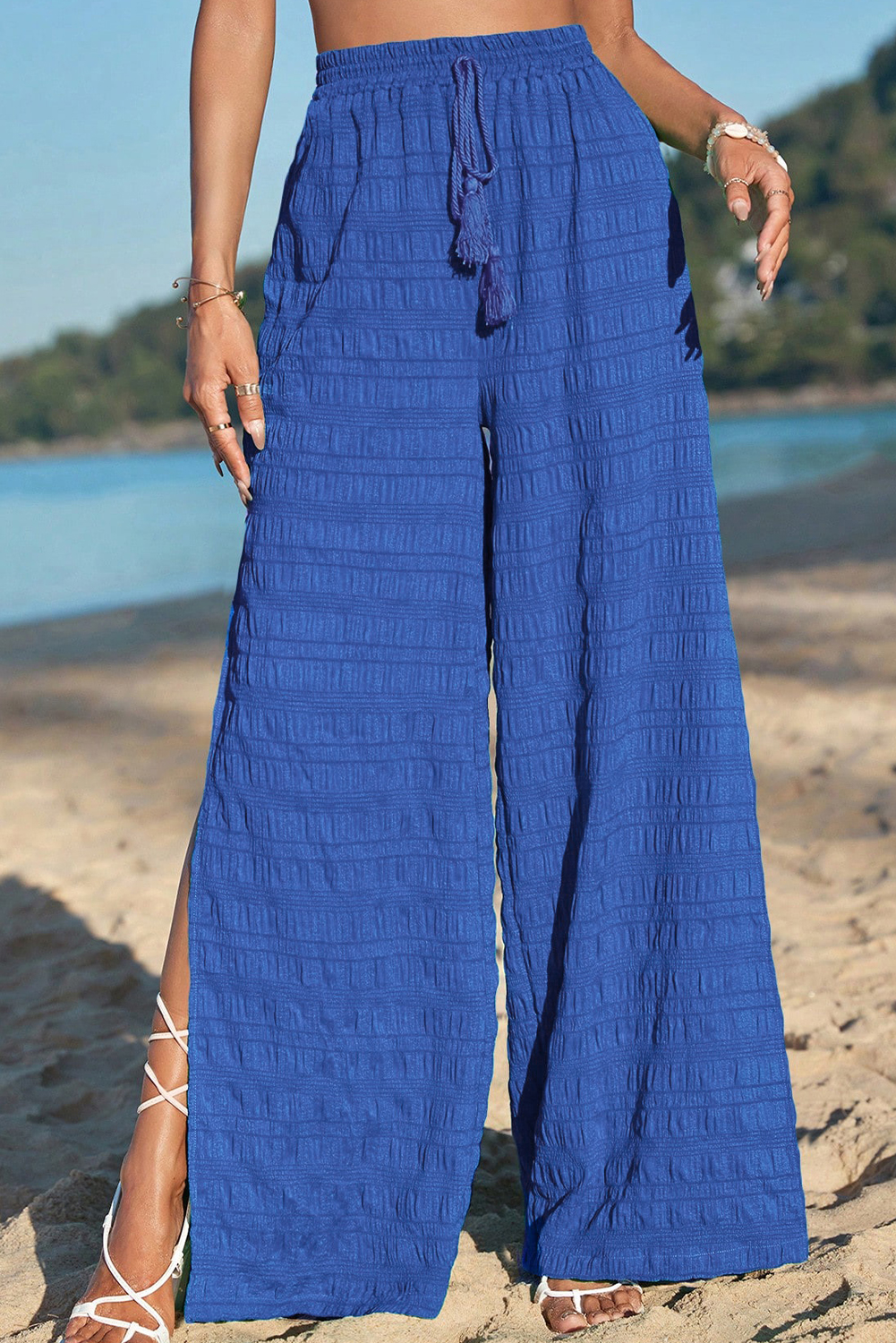 Dark Blue Textured Split Wide Leg Solid Pants - loveforevers