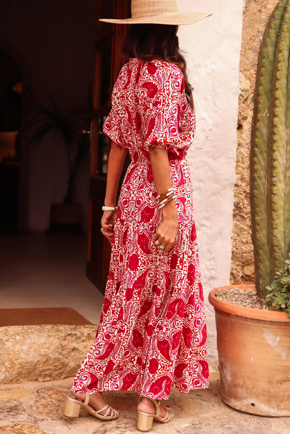 Red Paisley Print Side Slit Puff Sleeve High Waist Maxi Dress - loveforevers