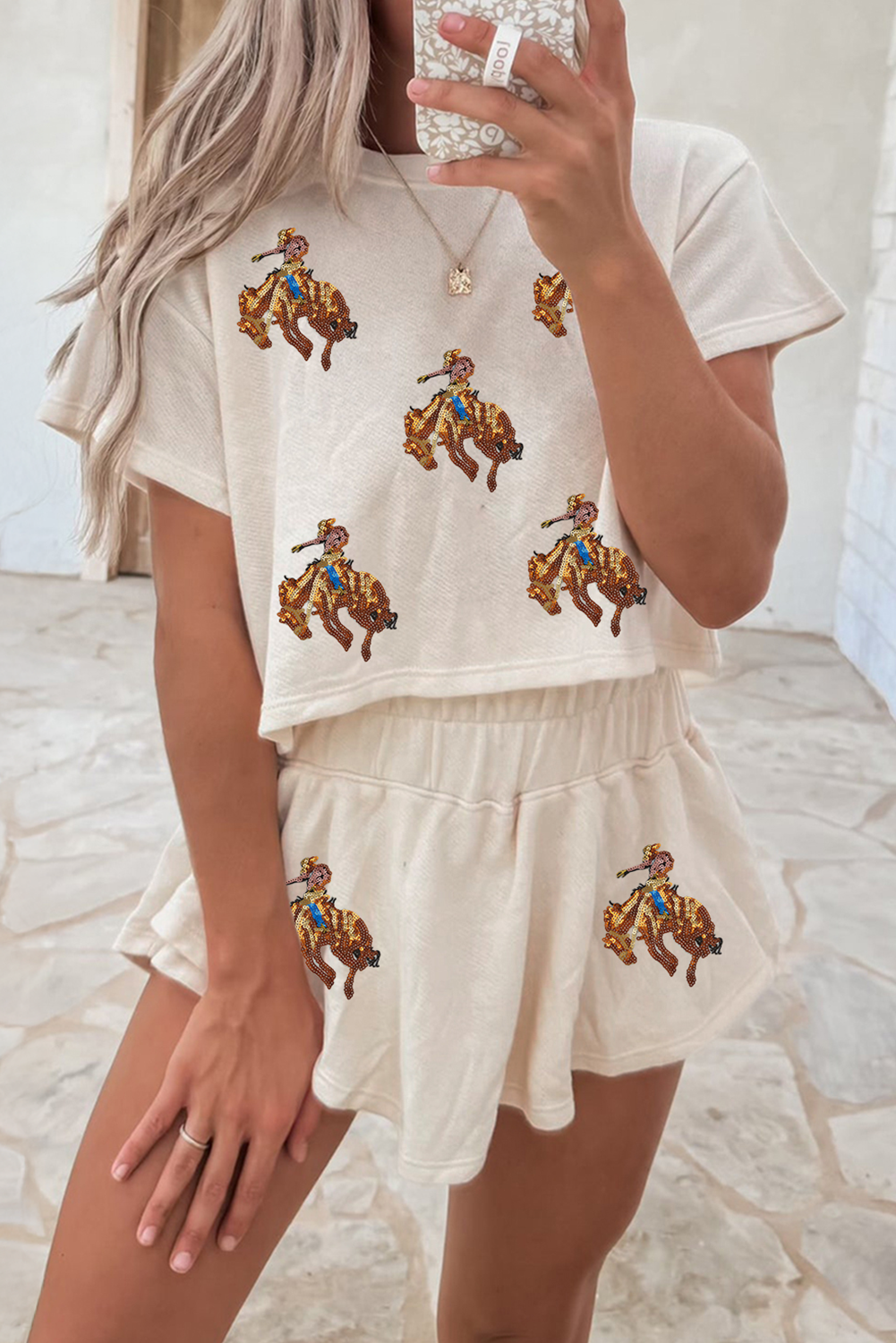 Beige Sequined Rodeo Cropped Tee and Skort Set - loveforevers
