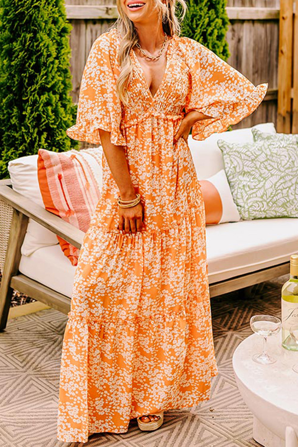 Orange Floral Print Smocked V Neck Wide Sleeve Maxi Dress - loveforevers