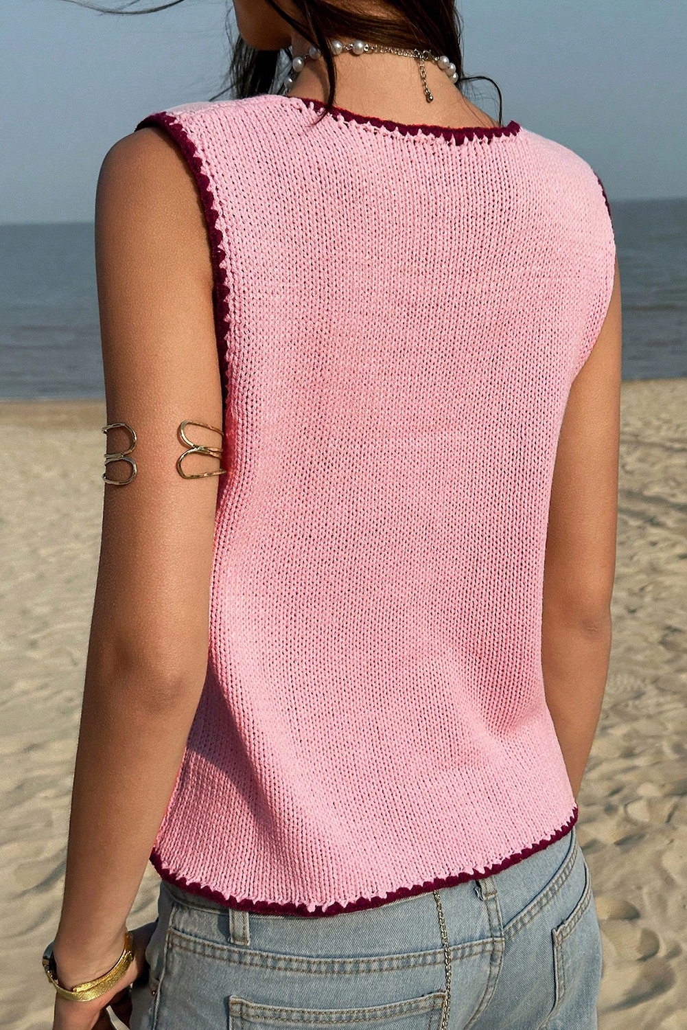 Pink Contrast Trim Buttoned Front Sweater Vest - loveforevers
