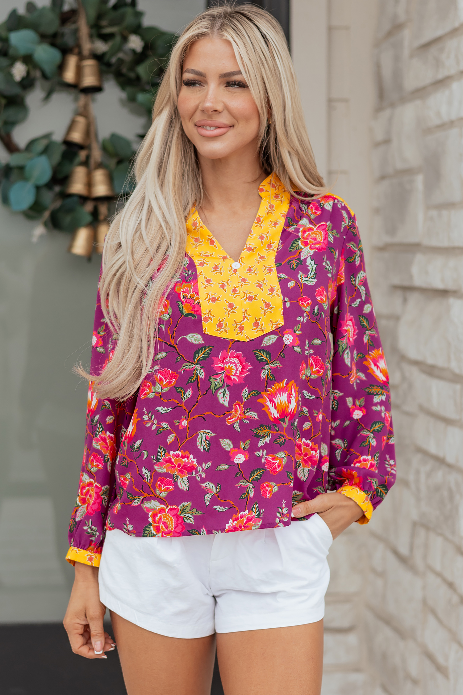 Rose Contrast Placket Split V Neck Floral Blouse - loveforevers