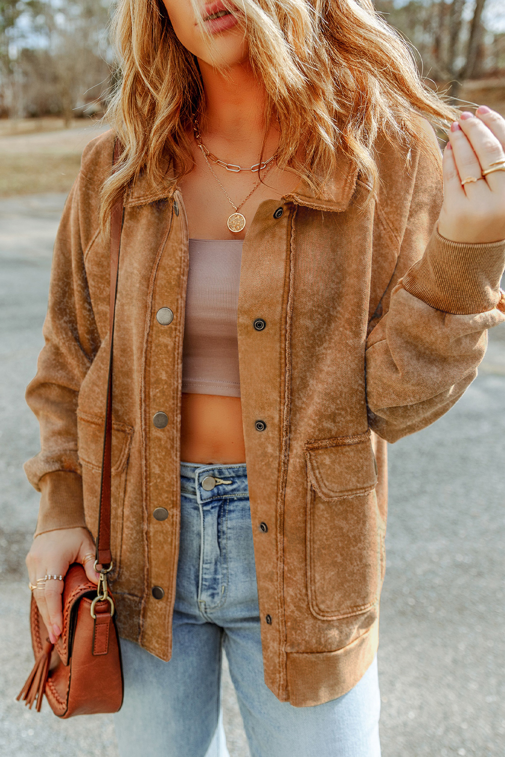 Khaki Vintage Washed Flap Pocket Button Shacket - loveforevers