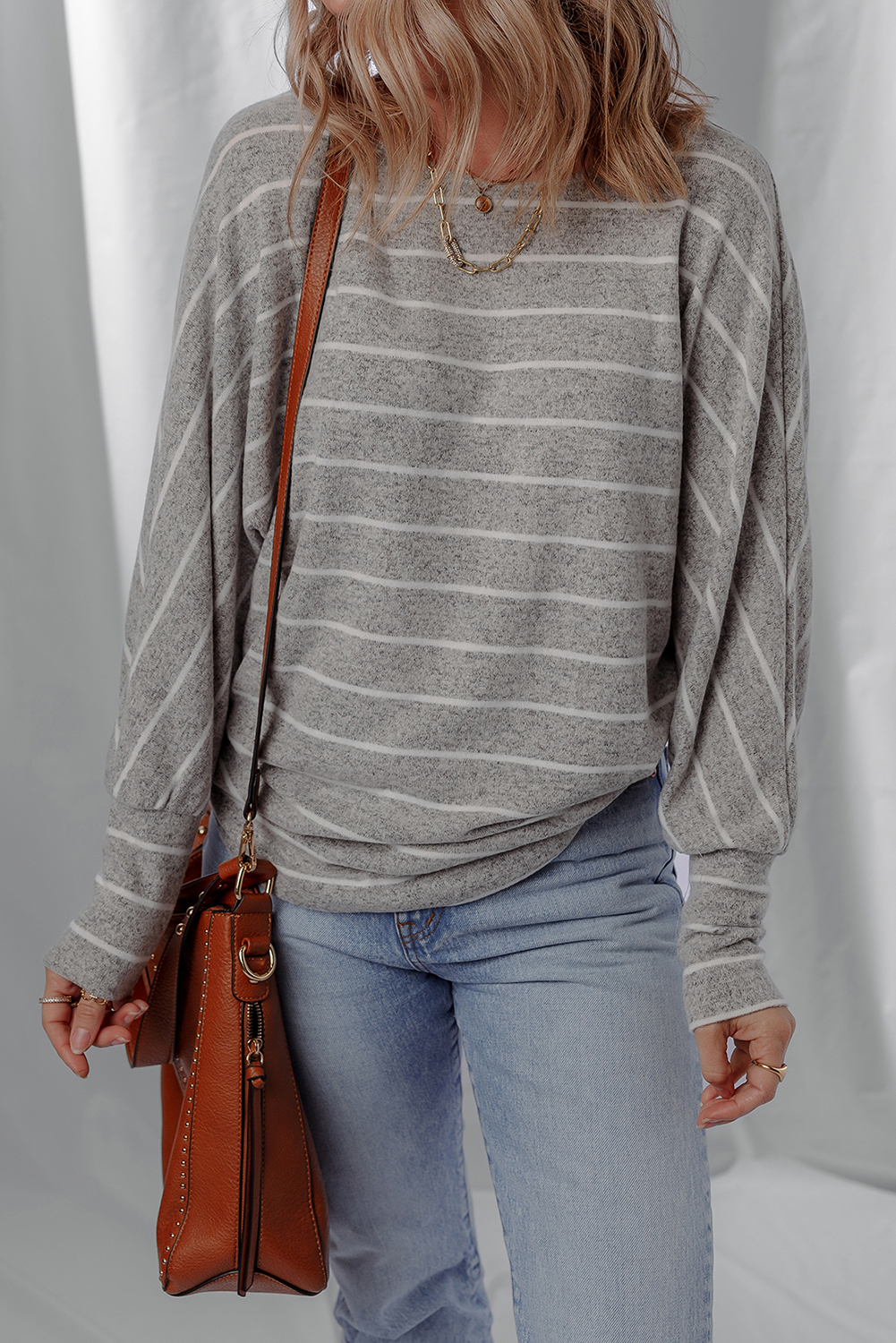 Gray Stripe Dolman Sleeve Drop Shoulder Top - loveforevers